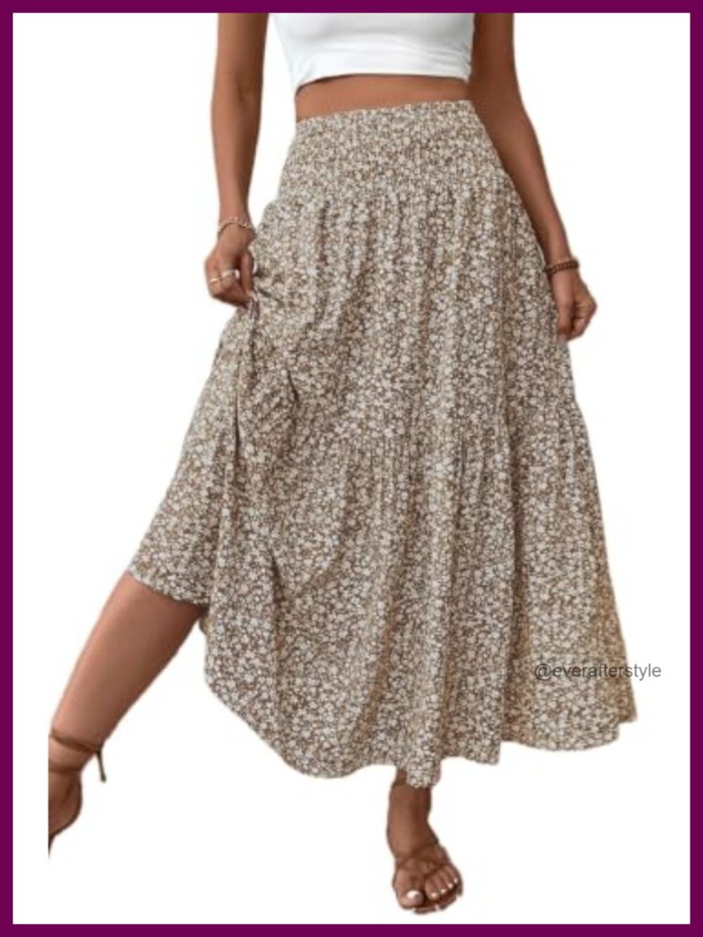 Boho Floral Maxi Skirt Smocked High Waist Tiered A-Line Pockets